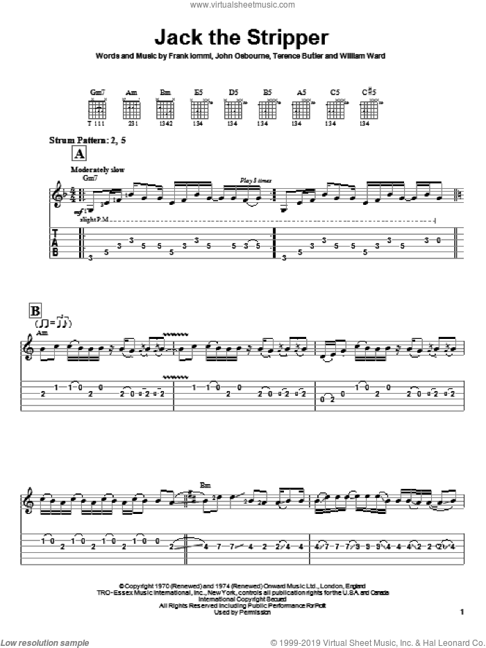 Jack The Stripper sheet music for guitar solo (easy tablature) by Black Sabbath, Frank Iommi, John Osbourne and Terence Butler, easy guitar (easy tablature)
