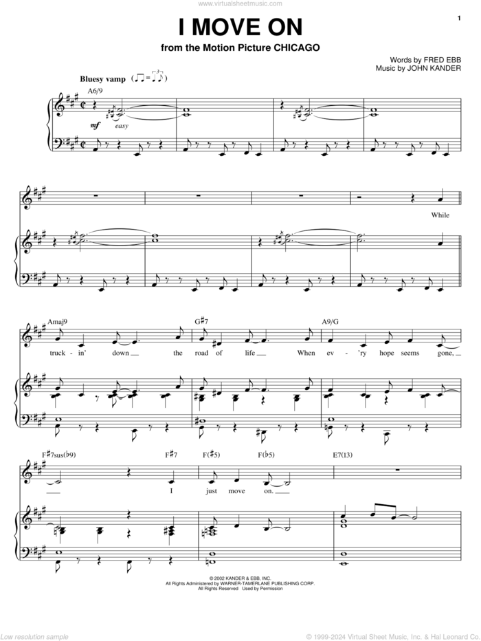 I Move On sheet music for voice and piano by Kander & Ebb, Chicago (Musical), Fred Ebb and John Kander, intermediate skill level