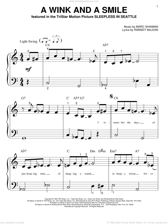 A Wink And A Smile sheet music for piano solo (big note book) by Harry Connick Jr., Marc Shaiman and Ramsey McLean, wedding score, easy piano (big note book)