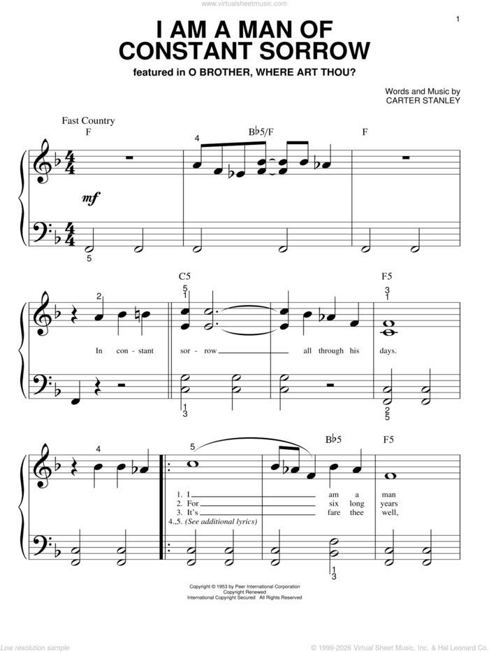 I Am A Man Of Constant Sorrow sheet music for piano solo (big note book) by The Soggy Bottom Boys, O Brother, Where Art Thou? (Movie) and Carter Stanley, easy piano (big note book)