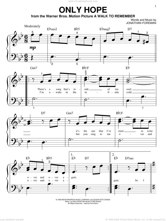 Only Hope sheet music for piano solo (big note book) by Mandy Moore and Jonathan Foreman, easy piano (big note book)