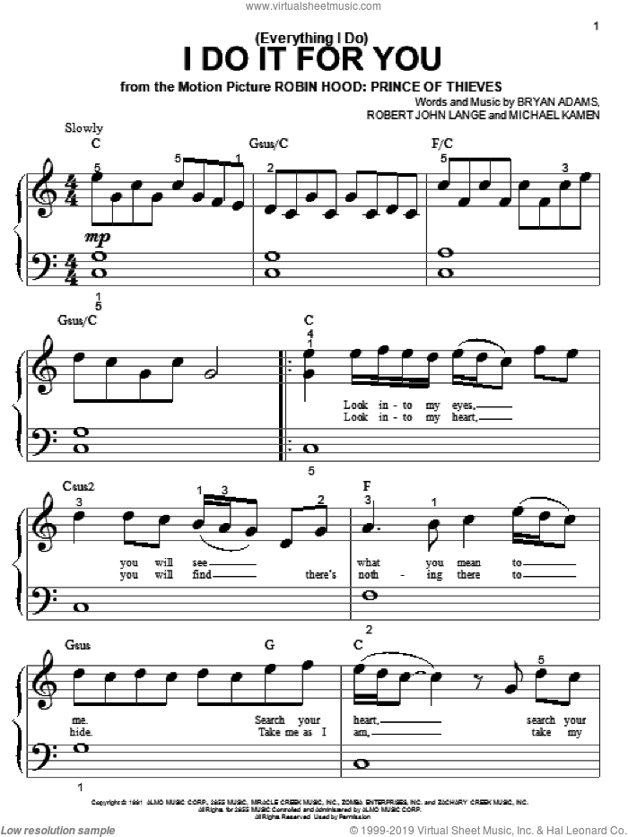 (Everything I Do) I Do It For You sheet music for piano solo (big note book) by Bryan Adams, Michael Kamen and Robert John Lange, easy piano (big note book)