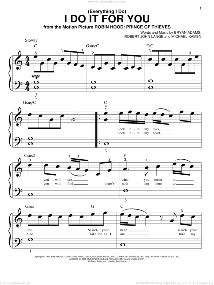 (Everything I Do) I Do It For You sheet music for piano solo (big note book) by Bryan Adams, Michael Kamen and Robert John Lange, easy piano (big note book)