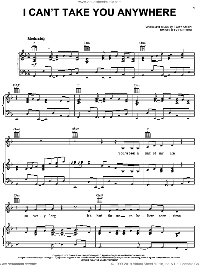 I Can't Take You Anywhere sheet music for voice, piano or guitar by Scotty Emerick and Toby Keith, intermediate skill level