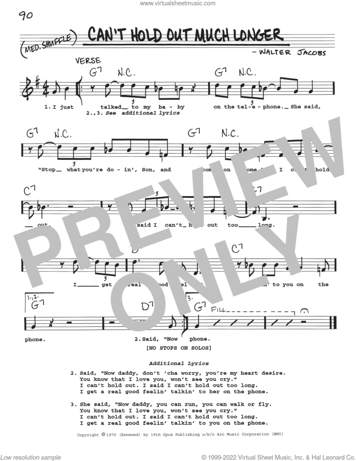 Can't Hold Out Much Longer sheet music for voice and other instruments (real book with lyrics) by Little Walter and Walter Jacobs, intermediate skill level