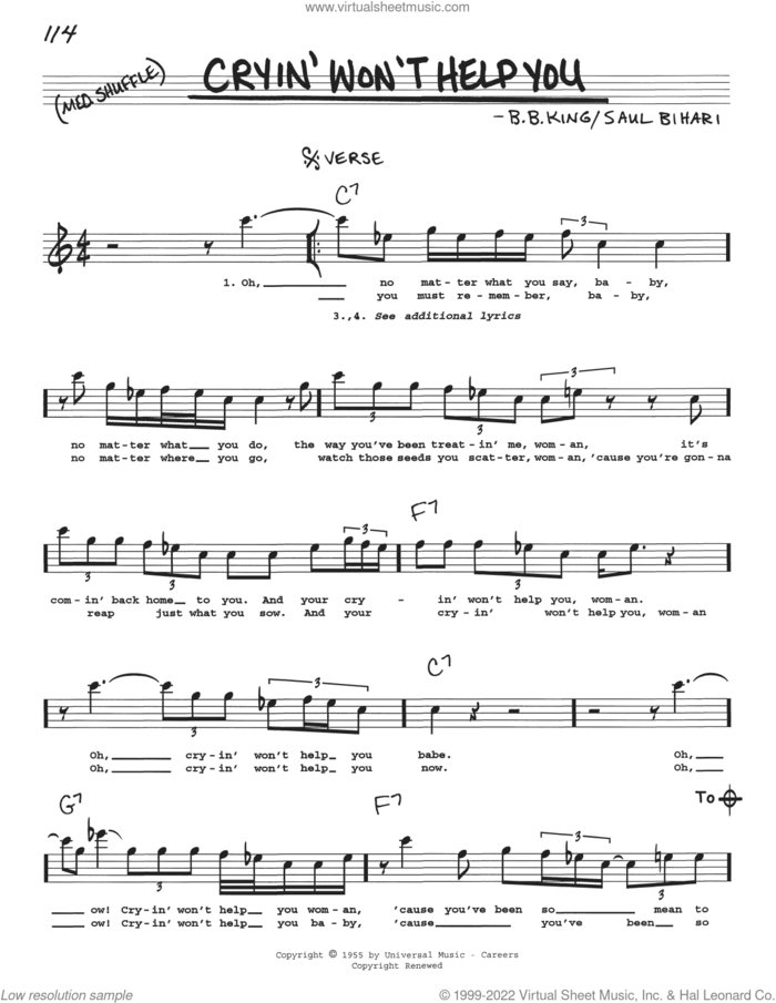 Cryin' Won't Help You sheet music for voice and other instruments (real book with lyrics) by B.B. King and Saul Bihari, intermediate skill level