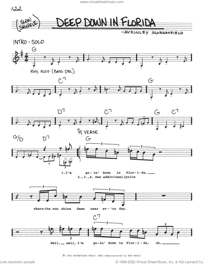 Deep Down In Florida sheet music for voice and other instruments (real book with lyrics) by Muddy Waters and McKinley Morganfield, intermediate skill level