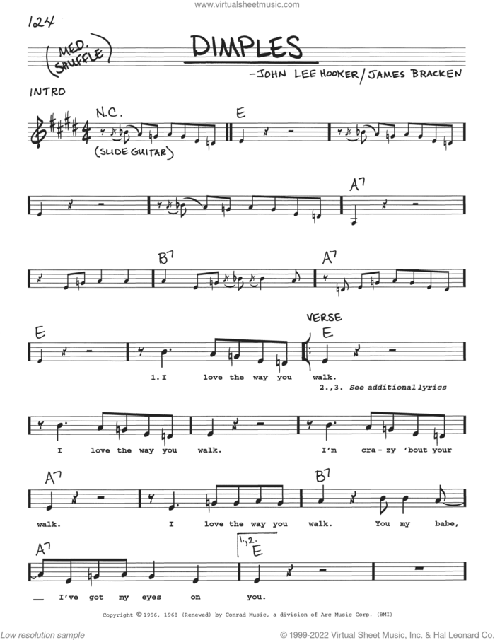 Dimples sheet music for voice and other instruments (real book with lyrics) by John Lee Hooker and James Bracken, intermediate skill level