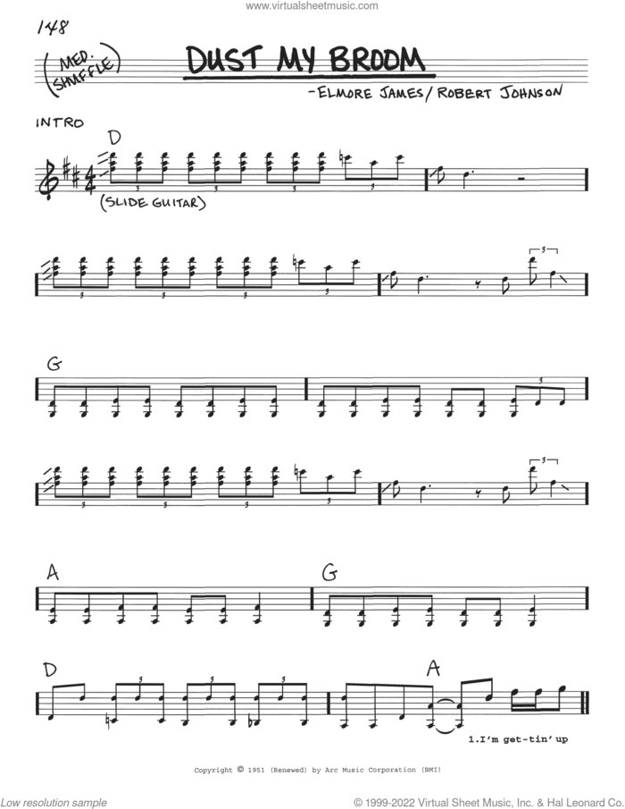 Dust My Broom sheet music for voice and other instruments (real book with lyrics) by Elmore James and Robert Johnson, intermediate skill level