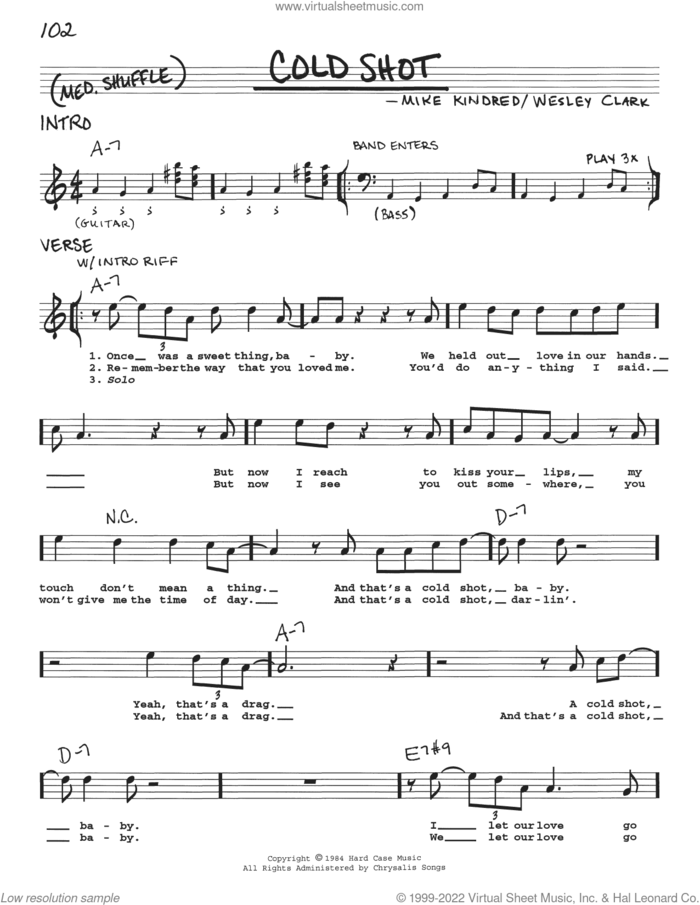 Cold Shot sheet music for voice and other instruments (real book with lyrics) by Stevie Ray Vaughan, Mike Kindred and Wesley Clark, intermediate skill level
