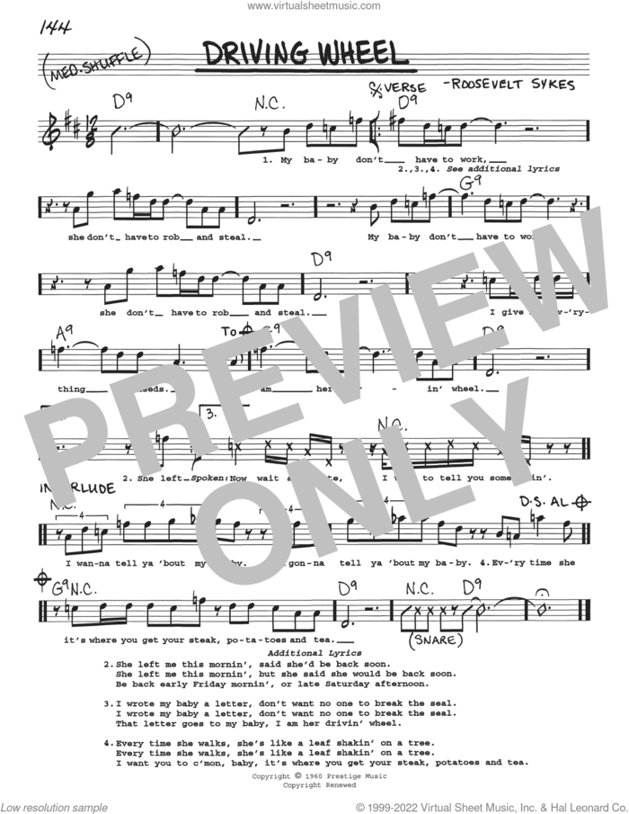 Driving Wheel sheet music for voice and other instruments (real book with lyrics) by Roosevelt Sykes, intermediate skill level