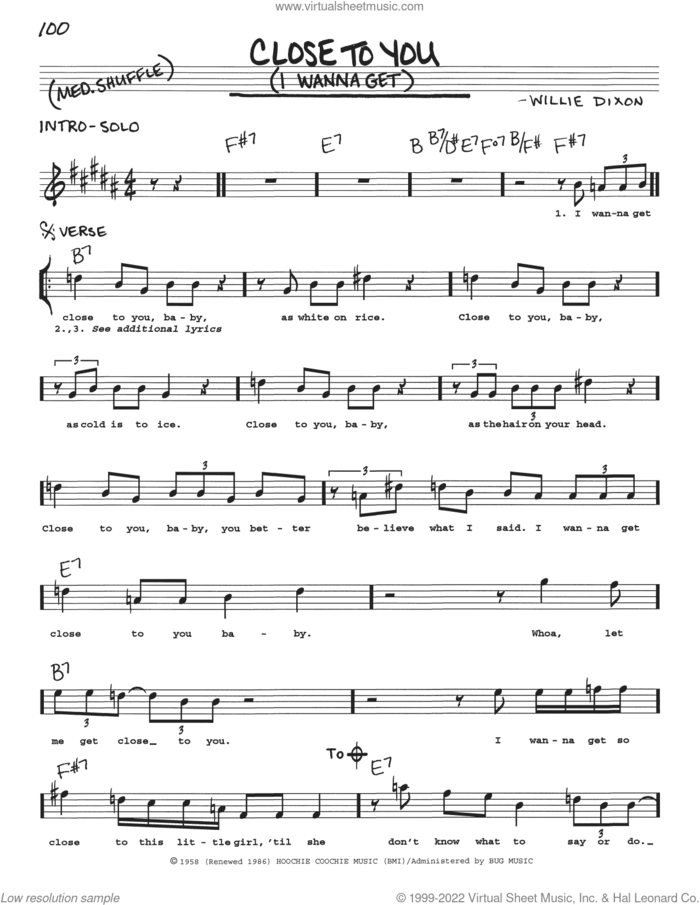 Close To You (I Wanna Get) sheet music for voice and other instruments (real book with lyrics) by Muddy Waters, Stevie Ray Vaughan and Willie Dixon, intermediate skill level