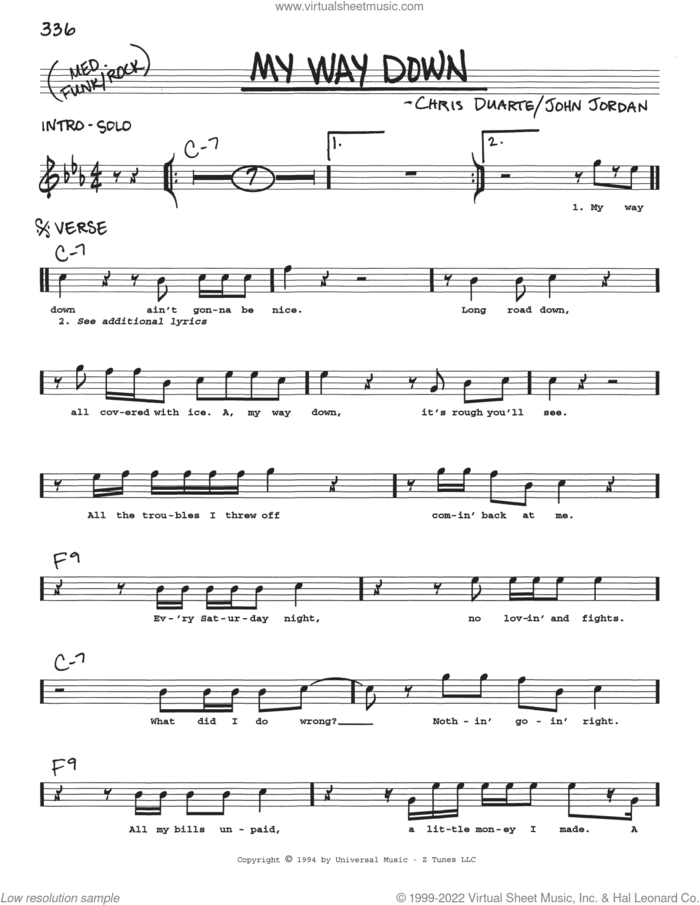 My Way Down sheet music for voice and other instruments (real book with lyrics) by Chris Duarte and John Jordan, intermediate skill level