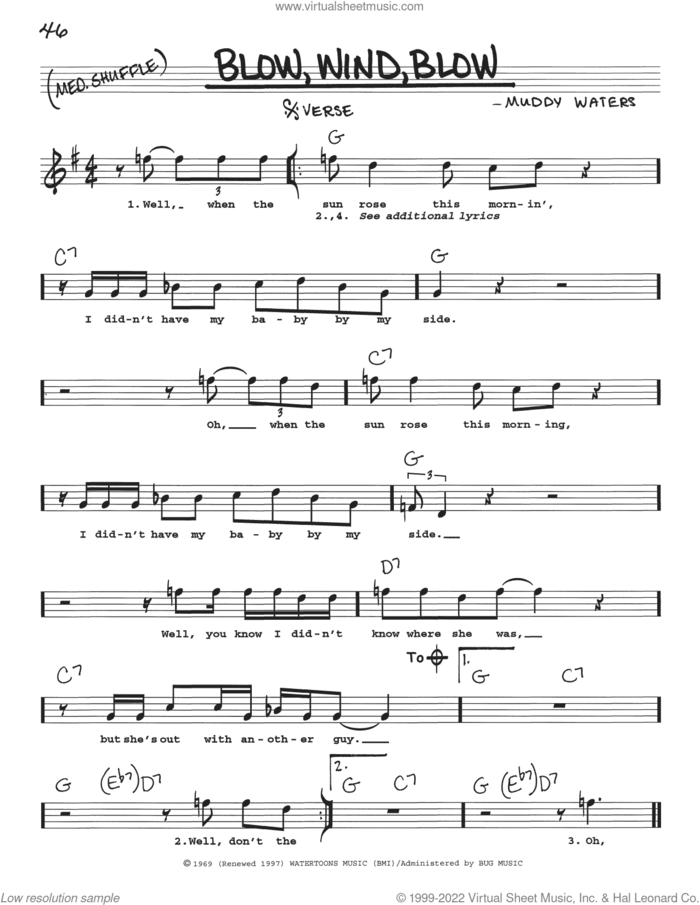 Blow, Wind, Blow sheet music for voice and other instruments (real book with lyrics) by Muddy Waters, Eric Clapton and McKinley Morganfield, intermediate skill level