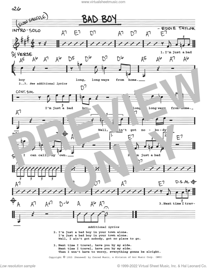 Bad Boy sheet music for voice and other instruments (real book with lyrics) by Eddie Taylor and Eric Clapton, intermediate skill level