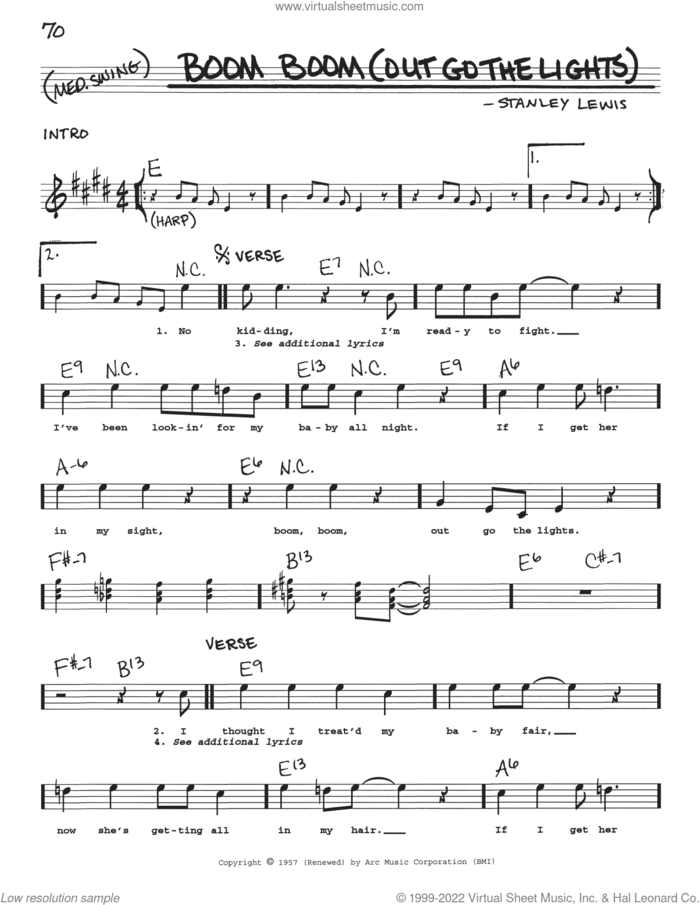 Boom Boom (Out Go The Lights) sheet music for voice and other instruments (real book with lyrics) by Little Walter, Pat Travers and Stanley Lewis, intermediate skill level