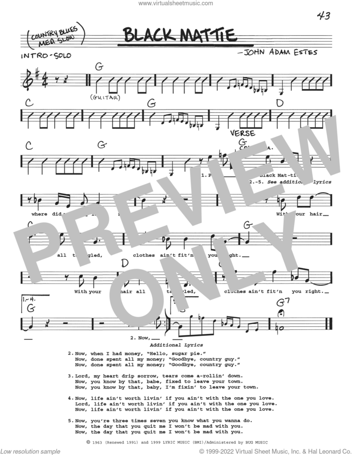 Black Mattie sheet music for voice and other instruments (real book with lyrics)  and John Adam Estes, intermediate skill level