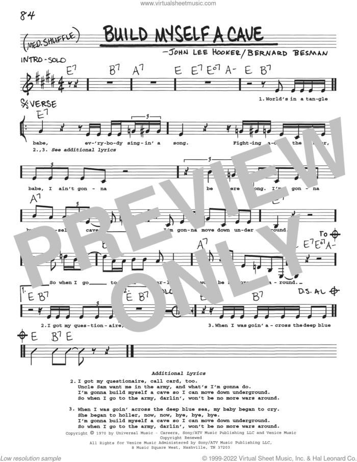 Build Myself A Cave sheet music for voice and other instruments (real book with lyrics) by John Lee Hooker and Bernard Besman, intermediate skill level