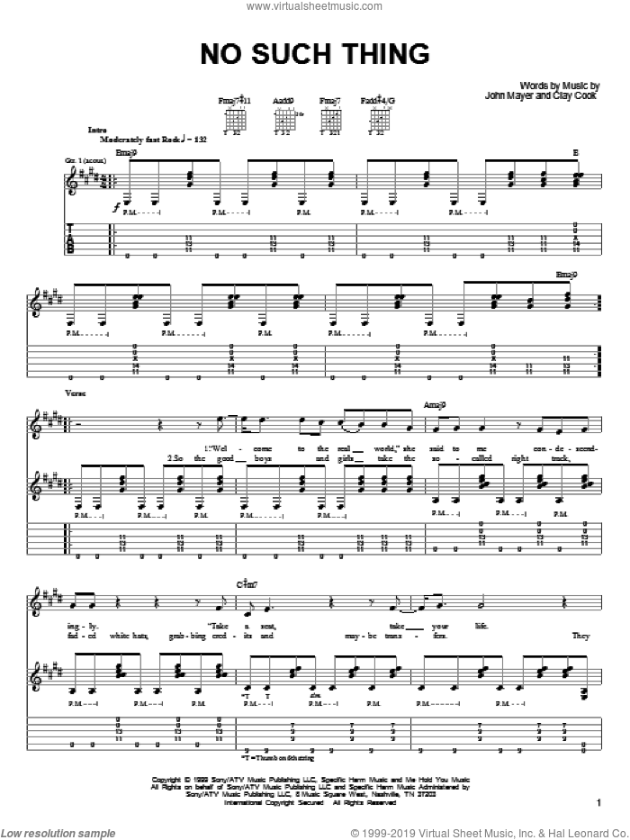 No Such Thing sheet music for guitar solo (chords) by John Mayer and Clay Cook, easy guitar (chords)