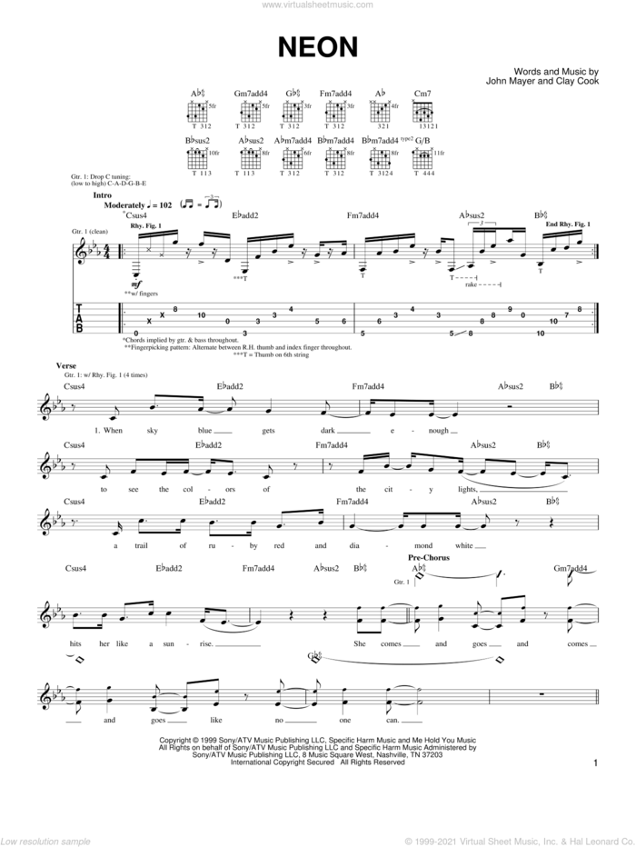 Neon sheet music for guitar solo (chords) by John Mayer and Clay Cook, easy guitar (chords)