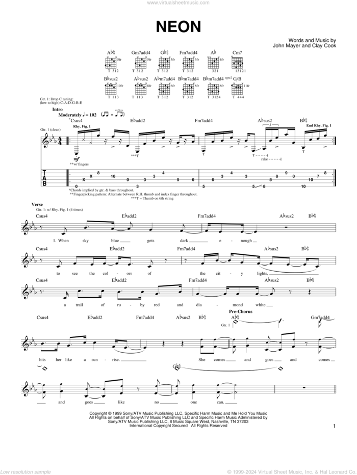 Neon sheet music for guitar solo (chords) by John Mayer and Clay Cook, easy guitar (chords)