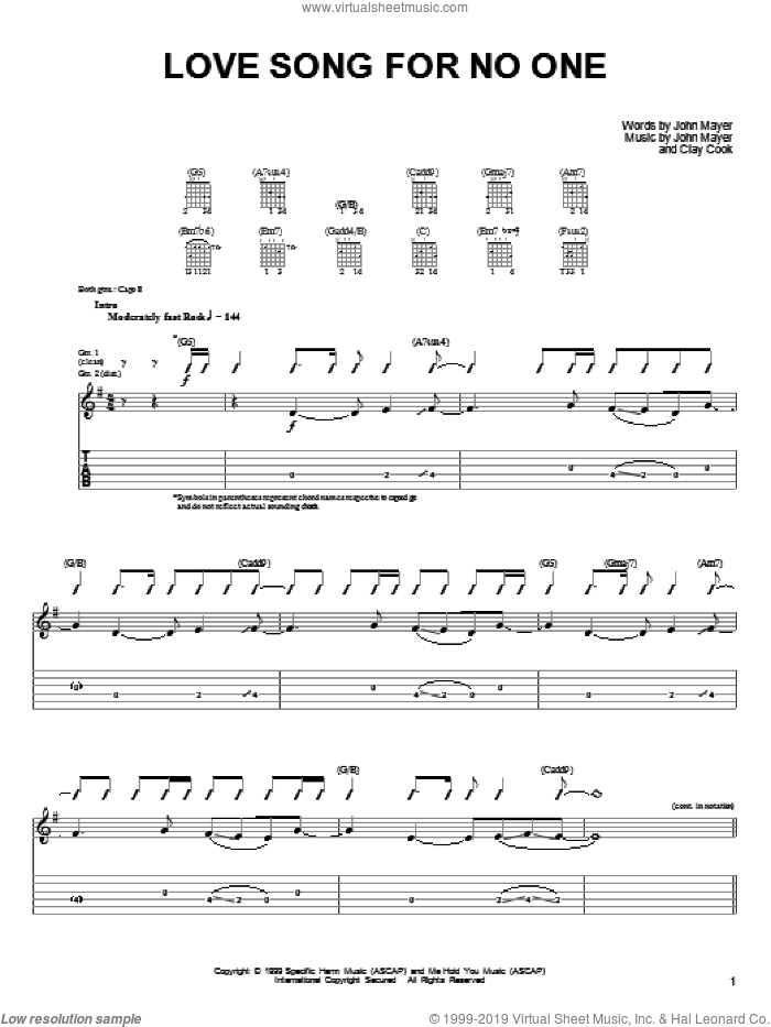Love Song For No One sheet music for guitar solo (chords) by John Mayer and Clay Cook, easy guitar (chords)