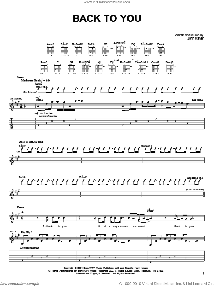 Back To You sheet music for guitar solo (chords) by John Mayer, easy guitar (chords)