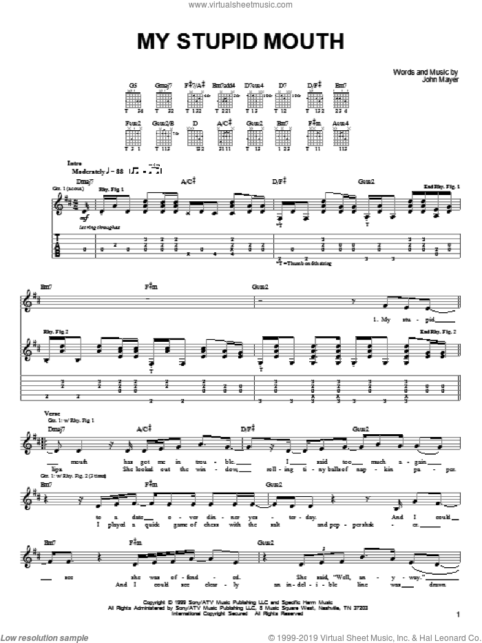 My Stupid Mouth sheet music for guitar solo (chords) by John Mayer, easy guitar (chords)
