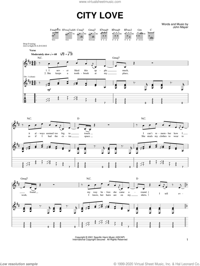 City Love sheet music for guitar solo (chords) by John Mayer, easy guitar (chords)