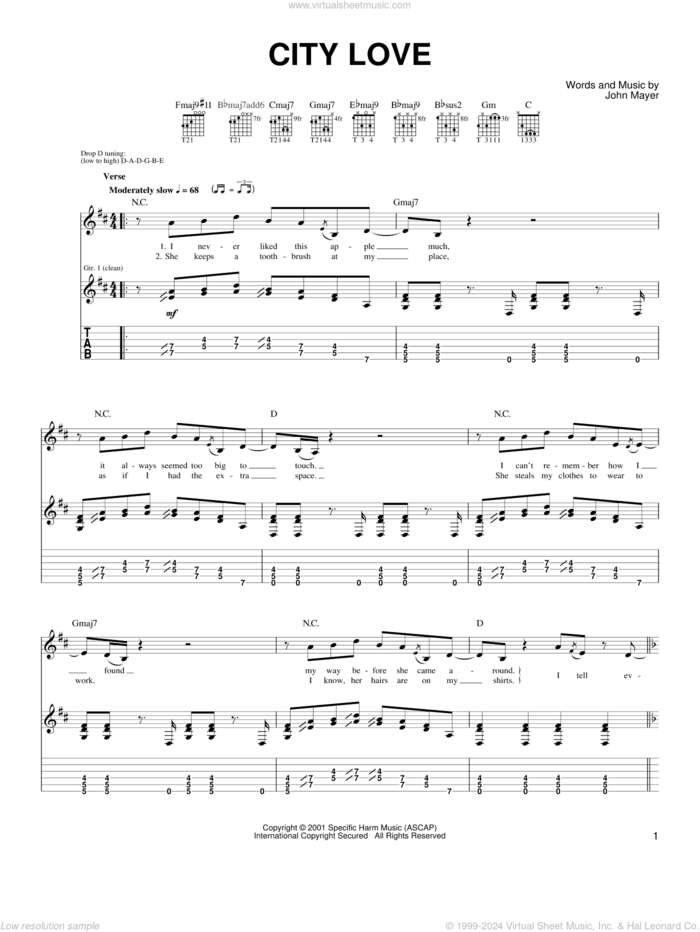 City Love sheet music for guitar solo (chords) by John Mayer, easy guitar (chords)