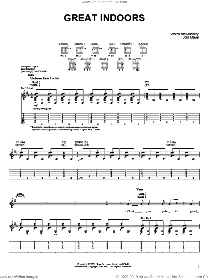 Great Indoors sheet music for guitar solo (chords) by John Mayer, easy guitar (chords)