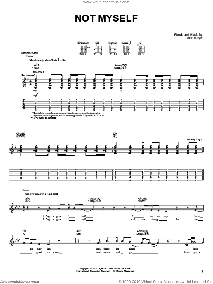 Not Myself sheet music for guitar solo (chords) by John Mayer, easy guitar (chords)
