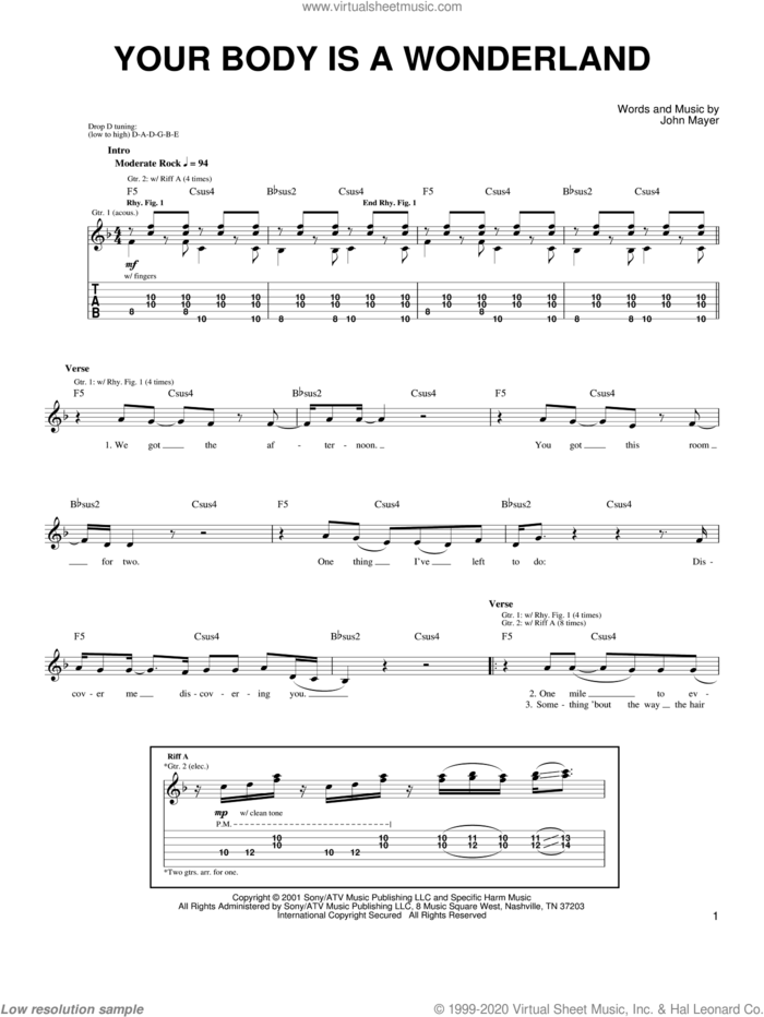 Your Body Is A Wonderland sheet music for guitar solo (chords) by John Mayer, easy guitar (chords)