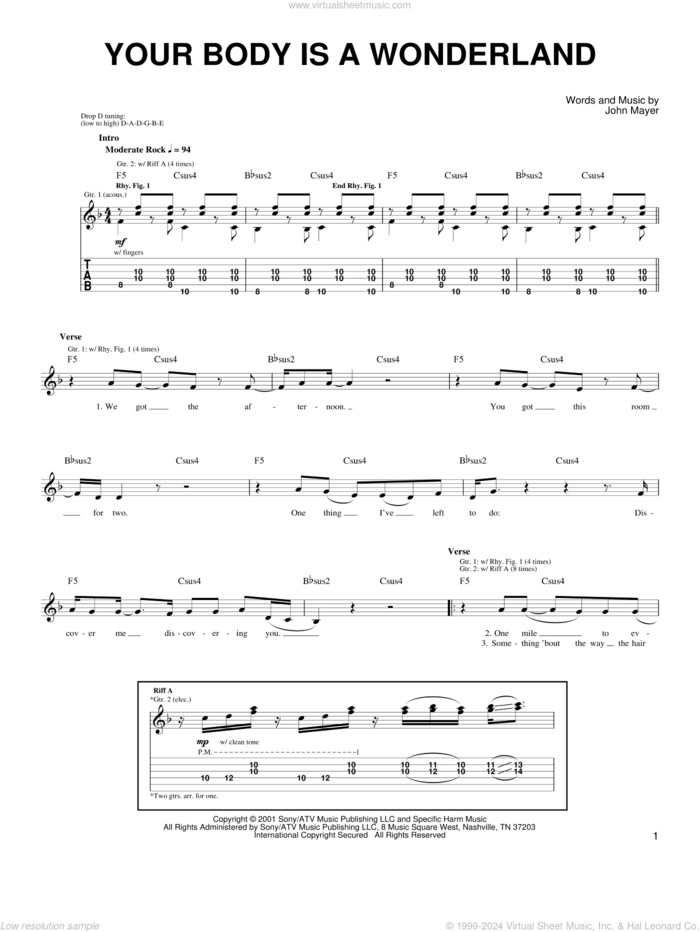 Your Body Is A Wonderland sheet music for guitar solo (chords) by John Mayer, easy guitar (chords)