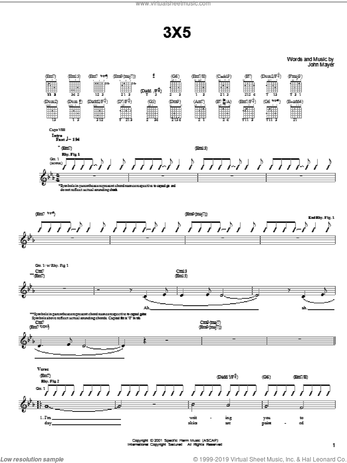 3X5 sheet music for guitar solo (chords) by John Mayer, easy guitar (chords)