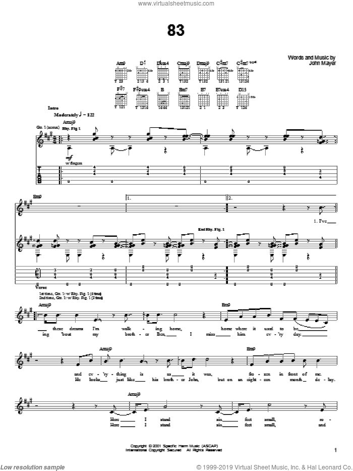 83 sheet music for guitar solo (chords) by John Mayer, easy guitar (chords)