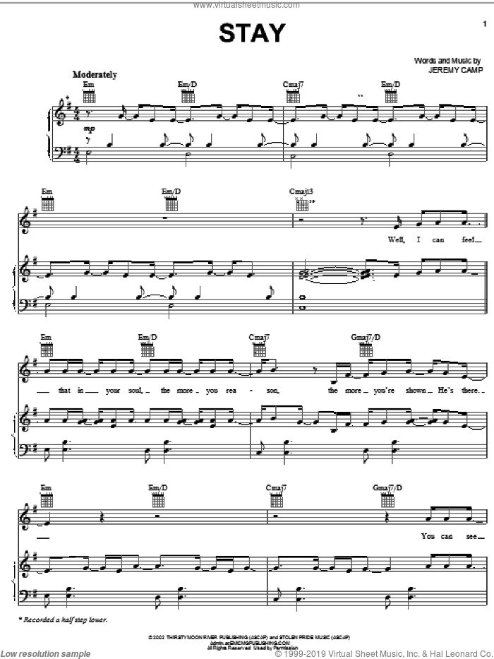Stay sheet music for voice, piano or guitar by Jeremy Camp, intermediate skill level
