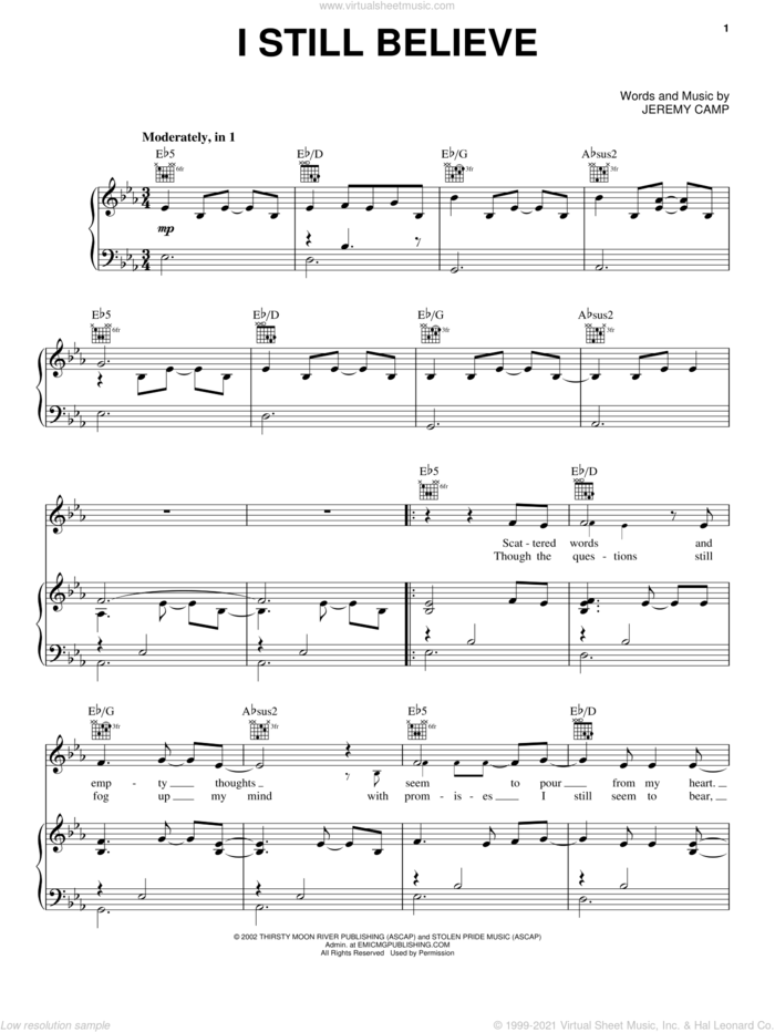 I Still Believe sheet music for voice, piano or guitar by Jeremy Camp, intermediate skill level