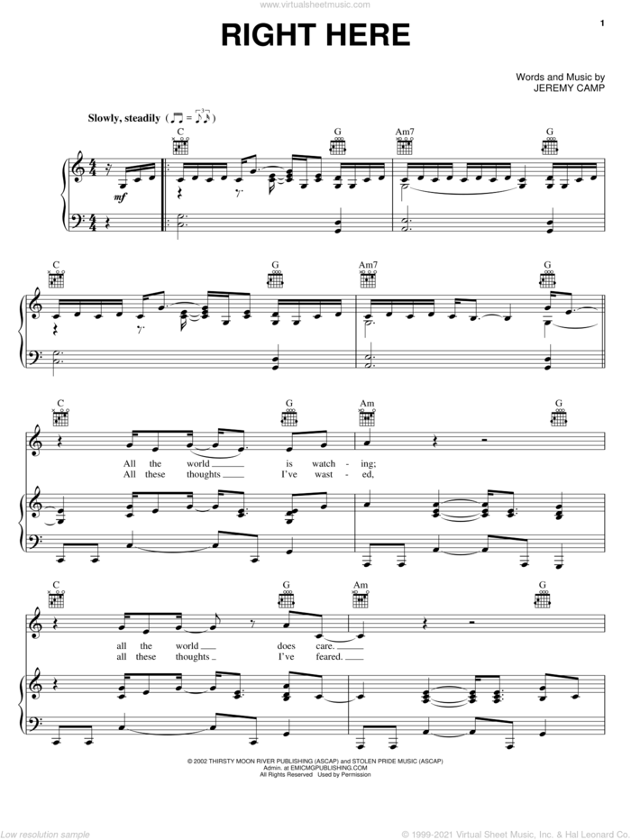Right Here sheet music for voice, piano or guitar by Jeremy Camp and Bridge To Terabithia (Movie), intermediate skill level
