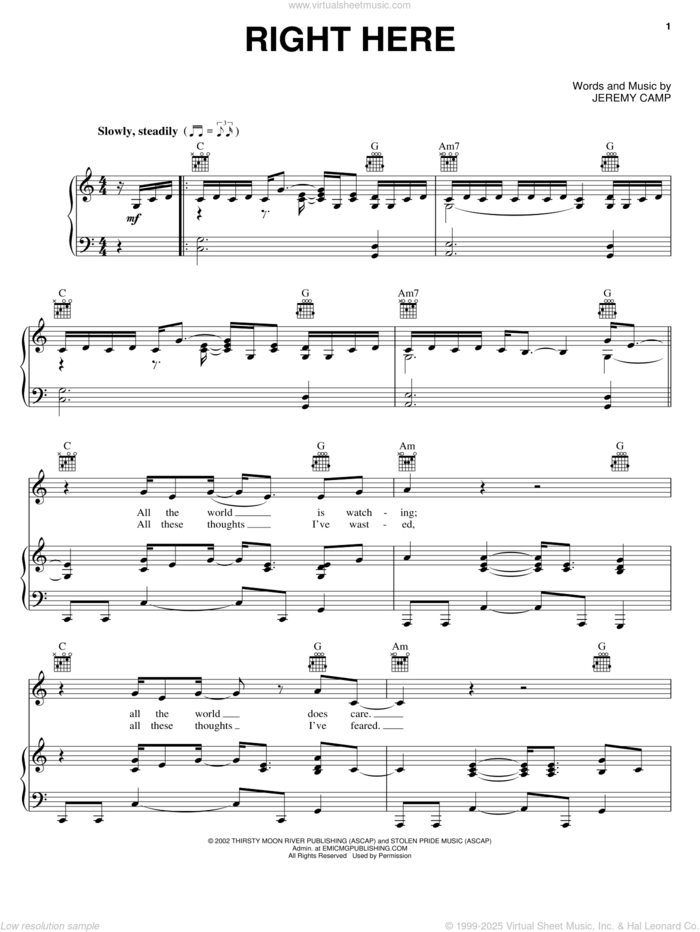 Right Here sheet music for voice, piano or guitar by Jeremy Camp and Bridge To Terabithia (Movie), intermediate skill level