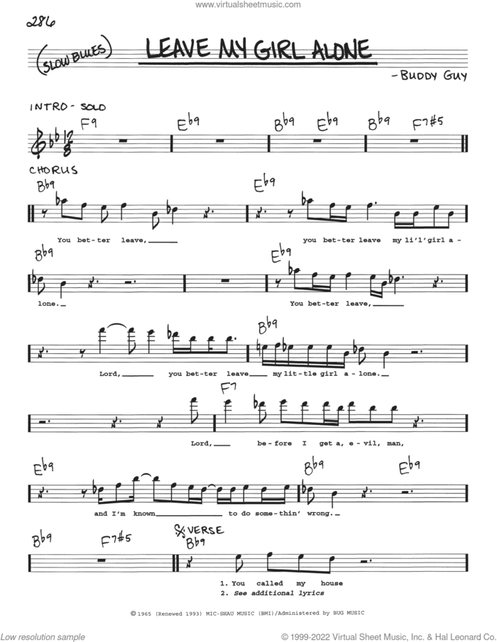 Leave My Girl Alone sheet music for voice and other instruments (real book with lyrics) by Buddy Guy, Stevie Ray Vaughan and Travis Tritt, intermediate skill level