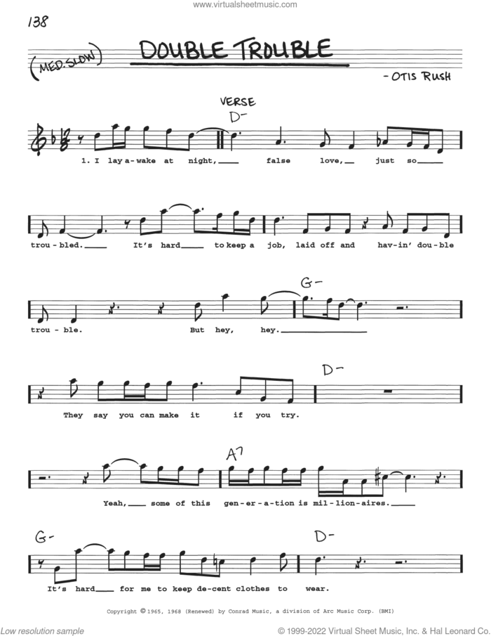 Double Trouble sheet music for voice and other instruments (real book with lyrics) by Eric Clapton and Otis Rush, intermediate skill level