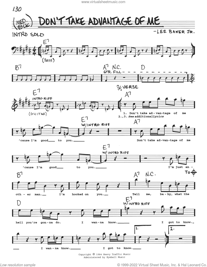 Don't Take Advantage Of Me sheet music for voice and other instruments (real book with lyrics) by Johnny Winter and Lee Baker Jr., intermediate skill level