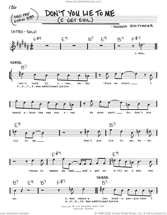 Don't You Lie To Me (I Get Evil) sheet music for voice and other instruments (real book with lyrics) by B.B. King and Hudson Whittaker, intermediate skill level