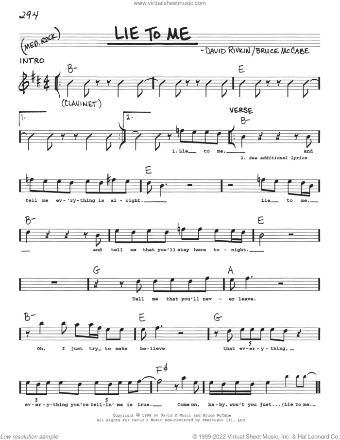 Lie To Me sheet music for voice and other instruments (real book with lyrics) by Bruce McCabe and David Rivkin, intermediate skill level