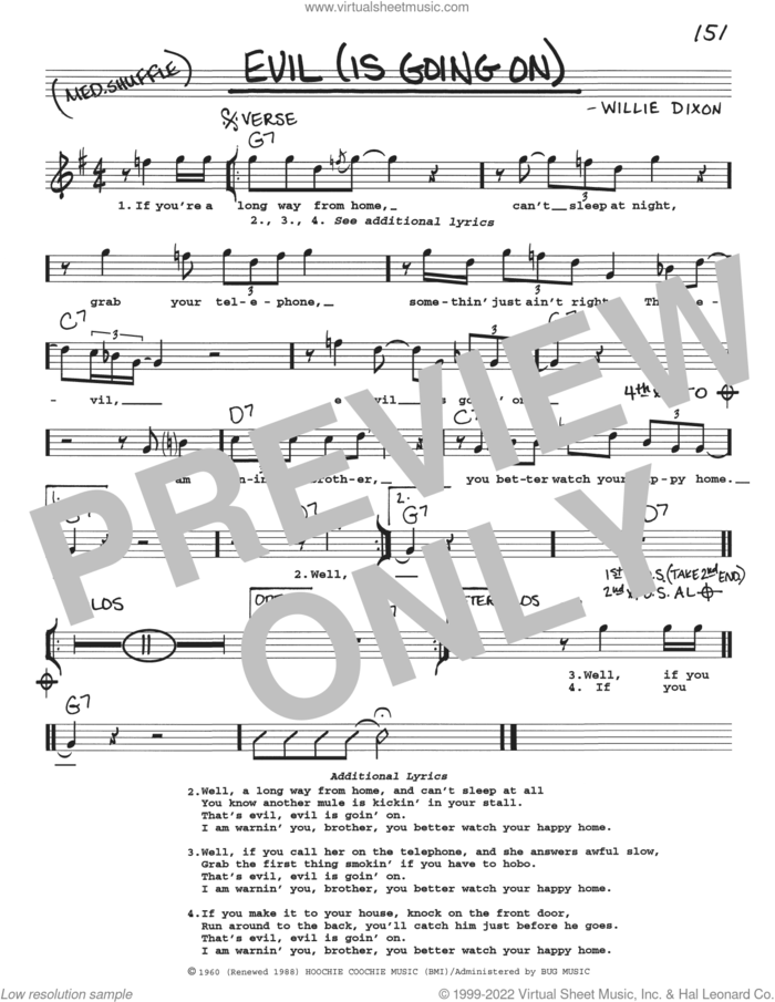 Evil (Is Going On) sheet music for voice and other instruments (real book with lyrics) by Eric Clapton and Willie Dixon, intermediate skill level