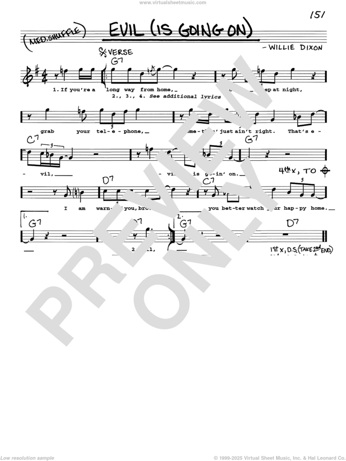 Evil (Is Going On) sheet music for voice and other instruments (real book with lyrics) by Eric Clapton and Willie Dixon, intermediate skill level