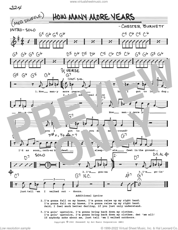 How Many More Years sheet music for voice and other instruments (real book with lyrics) by Howlin' Wolf and Chester Burnett, intermediate skill level