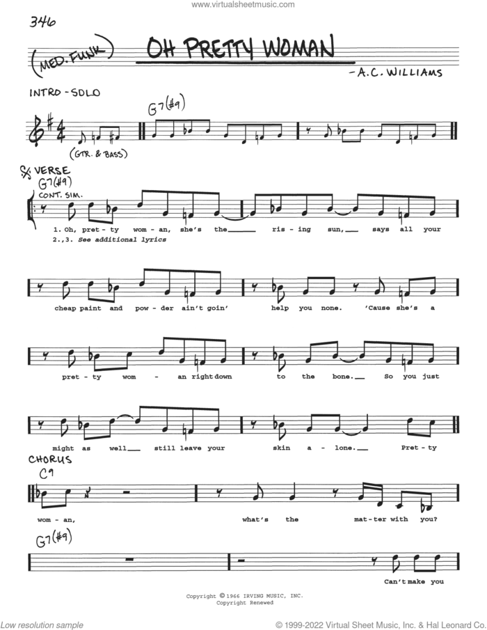 Oh Pretty Woman sheet music for voice and other instruments (real book with lyrics) by Albert King and A.C. Williams, intermediate skill level