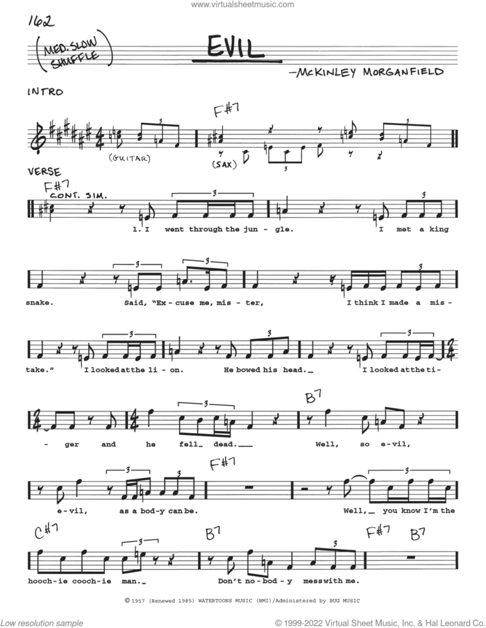 Evil sheet music for voice and other instruments (real book with lyrics) by Muddy Waters, intermediate skill level